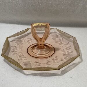 Vintage Pink Depression Glass Etched  Gold Trim Sandwich‎ Server Tray Handle